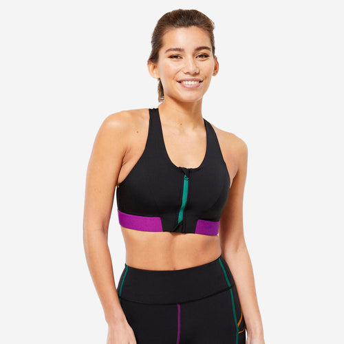 





Women's Zip-Up Medium Support Sports Bra - Black, Purple & Pine