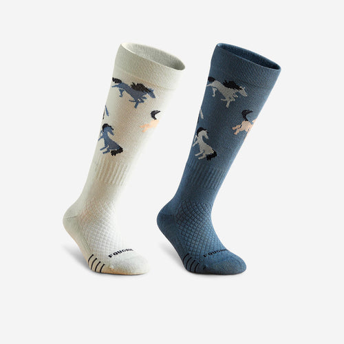 





Kids' Horse Riding Socks SKS 500 Twin-Pack - Navy/Pink Pony Print