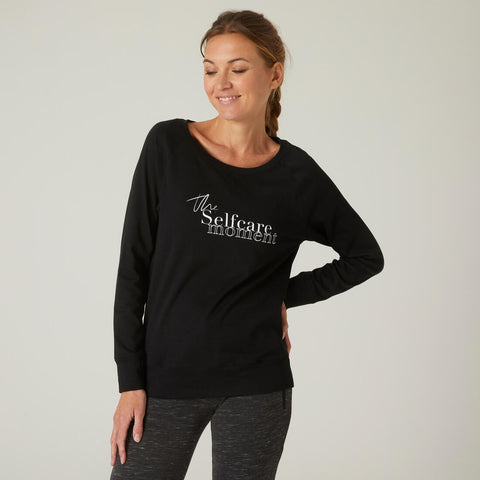 





Women's Long-Sleeved Straight-Cut Crew Neck Synthetic Fitness T-Shirt 500 - Black