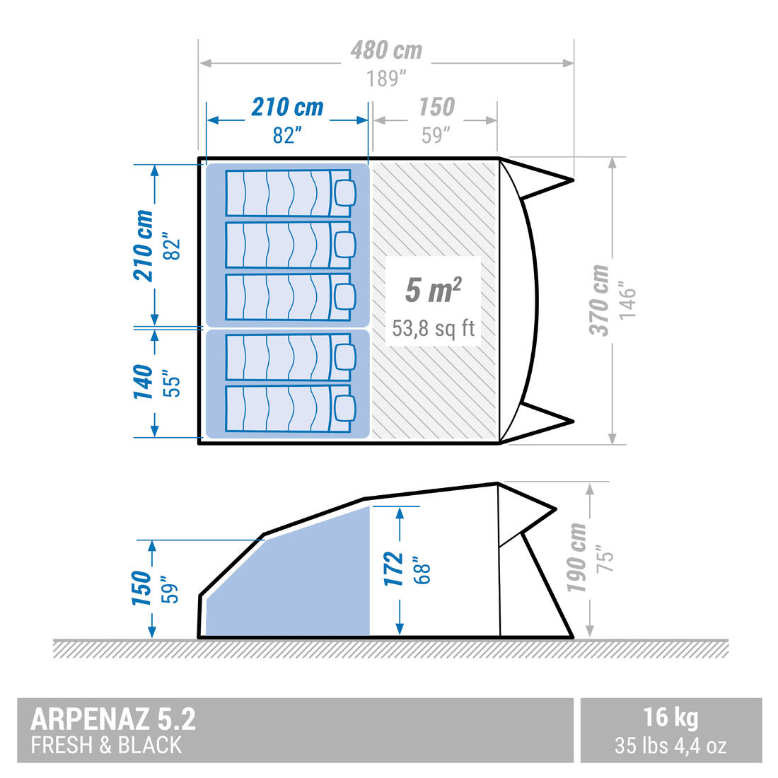 5 Man Blackout Tent With Poles - Arpenaz 5.2 F&B